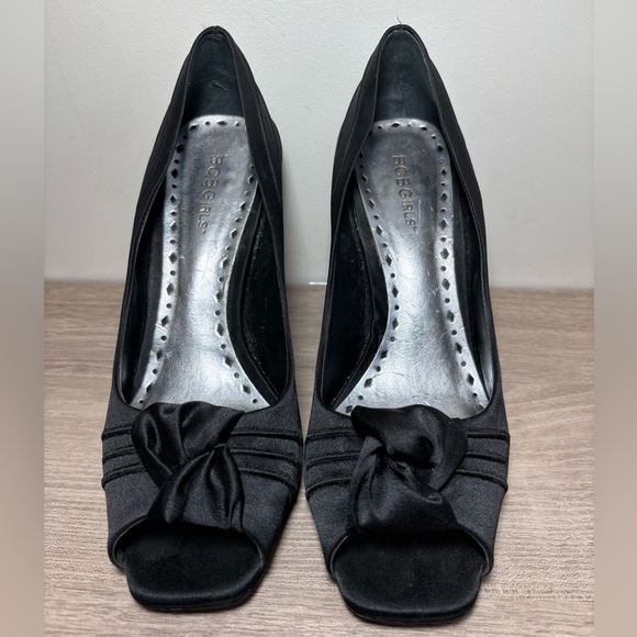BCBGirls Black Satin Peep Toe Heels | Size 9W - Picture 3 of 10